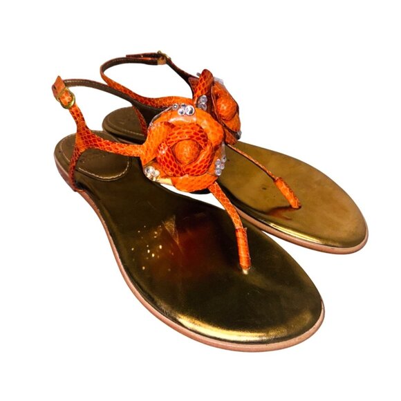 Vince Camuto Orange Snake-Embossed Flat Sandals 9 Gold Leather Flower Accent - Picture 2 of 11